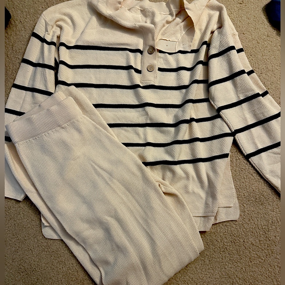 Cream and Black Striped Knit Top and Pants Set